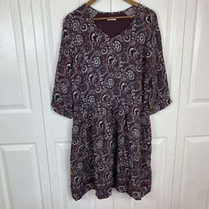 Garnet Hill Size 12 Dress Floral Mini Boho V-Neck Purple Shift A-Line Peasant